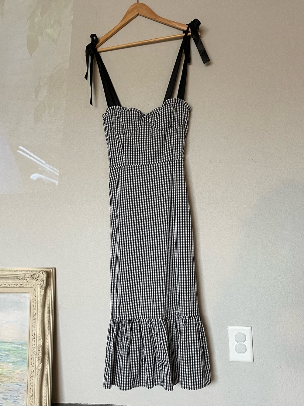 NWT Black & White Gingham Tie-Shoulder Midi Dress Small Summer Cottagecore